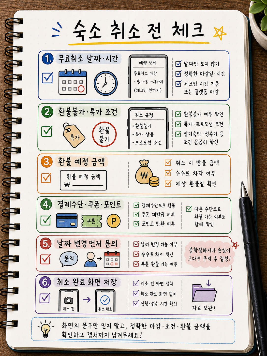 숙소 취소 전 무료취소 날짜와 시간, 환불불가 특가 조건, 환불 예정 금액, 결제수단 쿠폰 포인트, 날짜 변경 문의, 취소 완료 화면 저장을 요약한 노트 이미지