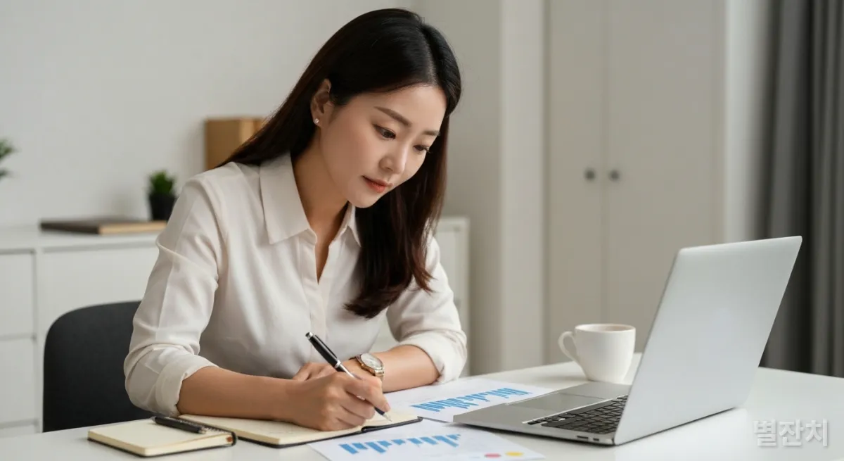 집에서 노트북으로 기업 재무제표를 꼼꼼히 분석하는 여성