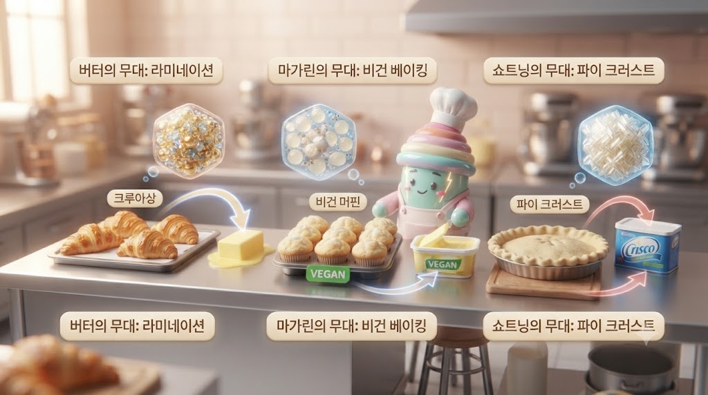 쫀쿠가 '제과점 주방' 세트에서 세 가지 지방이 활약하는 무대를 연출하고 있습니다. 왼쪽 무대에서는 버터가 녹아내리며 황금빛 '크루아상'의 바삭한 결을 만들어내고 있습니다(라미네이션). 중앙 무대에서는 마가린이 비건 마크가 달린 '머핀' 반죽에 들어가 담백함을 더합니다. 오른쪽 무대에서는 쇼트닝이 파이 반죽 사이사이에 박혀 '파이 크러스트'의 부서지는 식감을 완성합니다. 쫀쿠가 감독처럼 의자에 앉아 이 모든 과정을 지휘하고 있습니다.