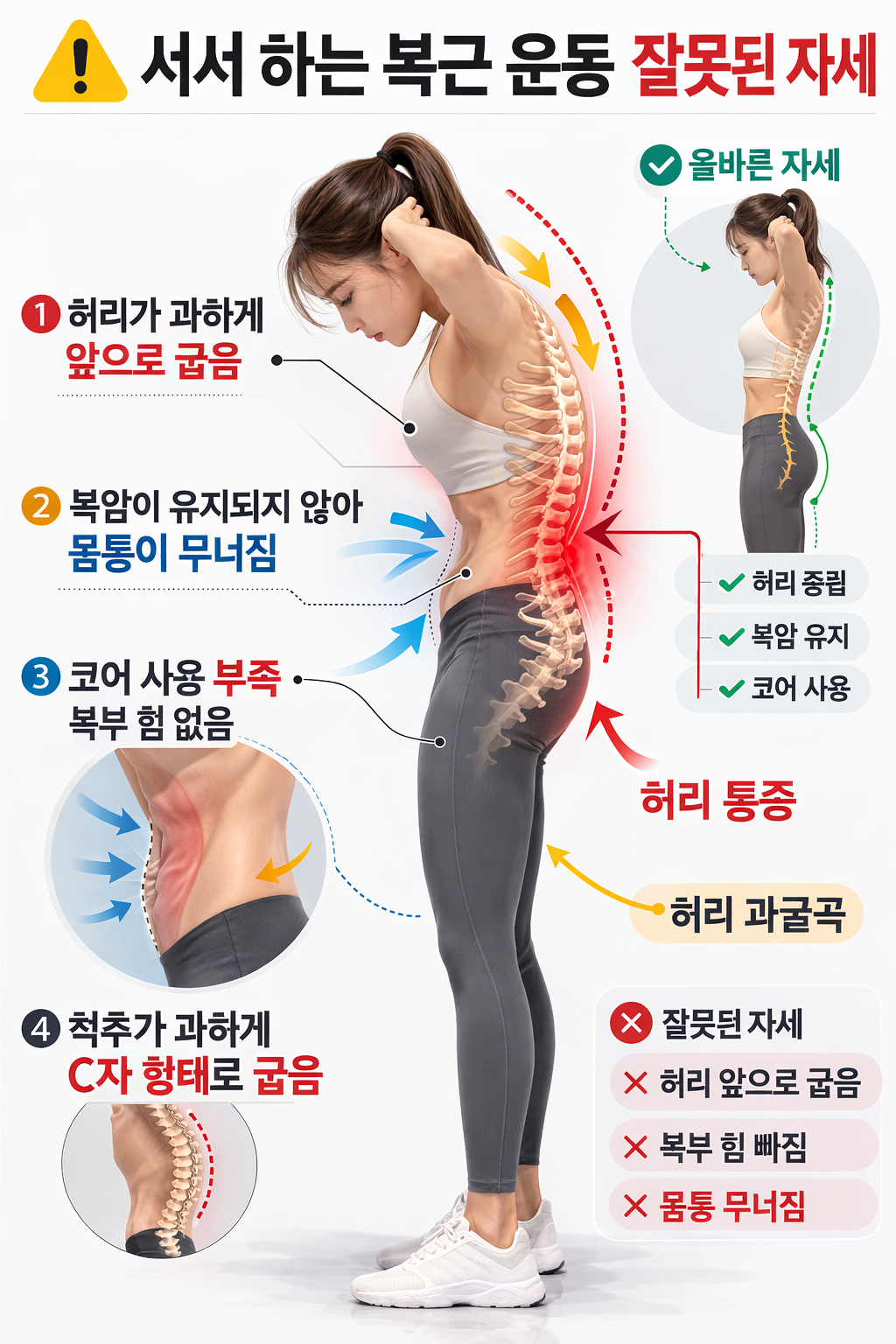 서서 하는 복근 운동 허리 과굴곡 잘못된 코어 사용