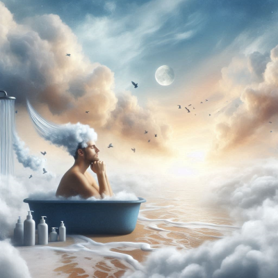 꿈속에서 부드러운 구름 위에 누운 여성이 달콤한 상상을 하는 모습.