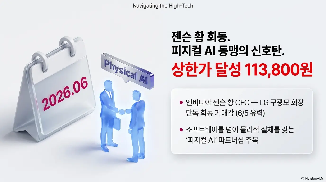 LG CNS 주가 전망: 젠슨 황 회동이 피지컬 AI 동맹의 신호탄이 되며 LG CNS 주가가 113&amp;#44;800원 상한가를 달성했다는 내용을 담은 이미지. 엔비디아 젠슨 황 CEO와 LG 구광모 회장의 6월 5일 단독 회동 기대감과 피지컬 AI 파트너십 주목을 시각적으로 전달하며&amp;#44; 블로그의 LG 씨엔에스 주가 급등 배경과 관련된 내용을 설명함