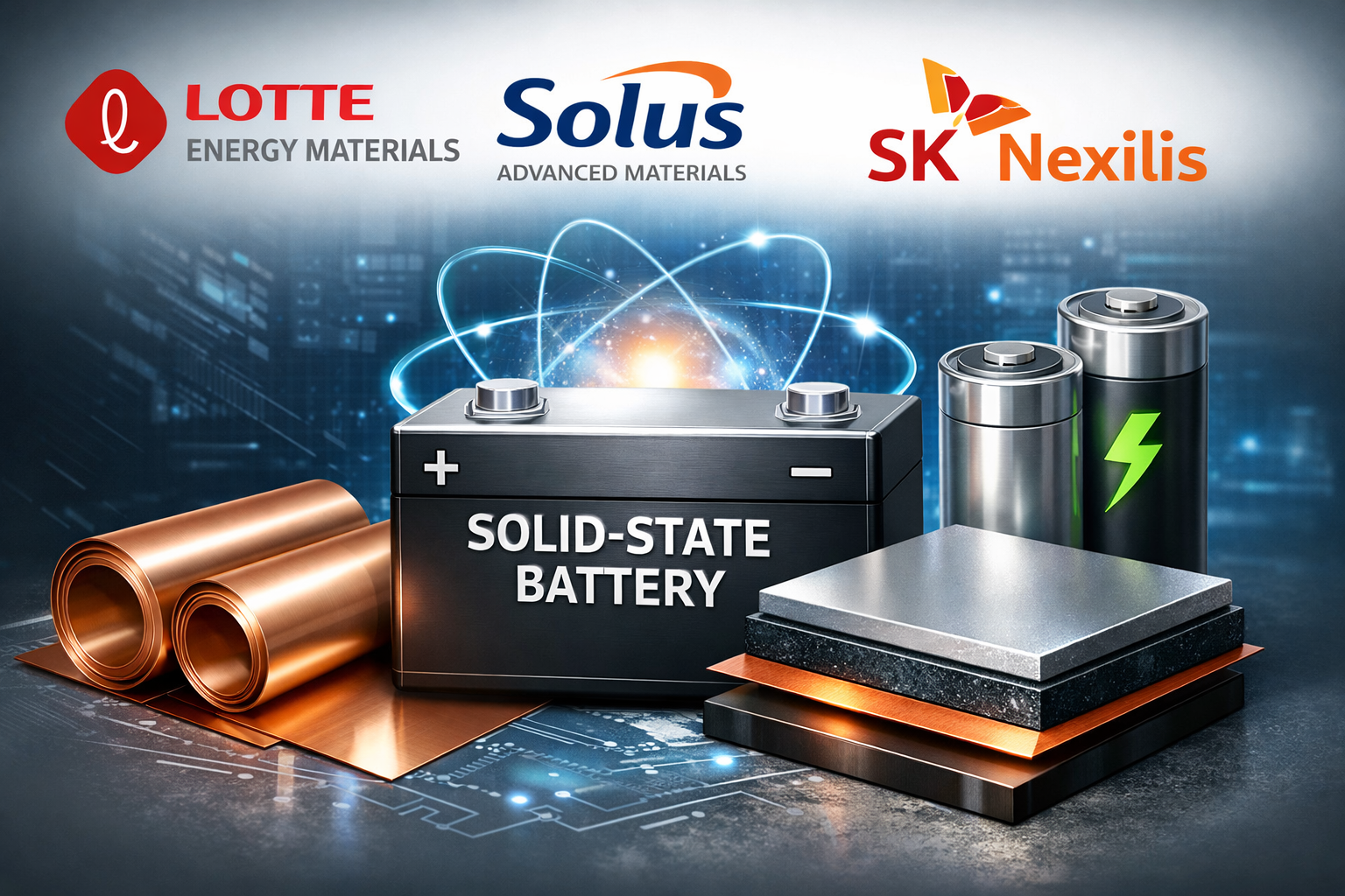 전고체 배터리용 니켈도금 동박을 개발 중인 롯데에너지머티리얼즈, 솔루스첨단소재, SK넥실리스의 주가 전망 및 재무 분석 이미지