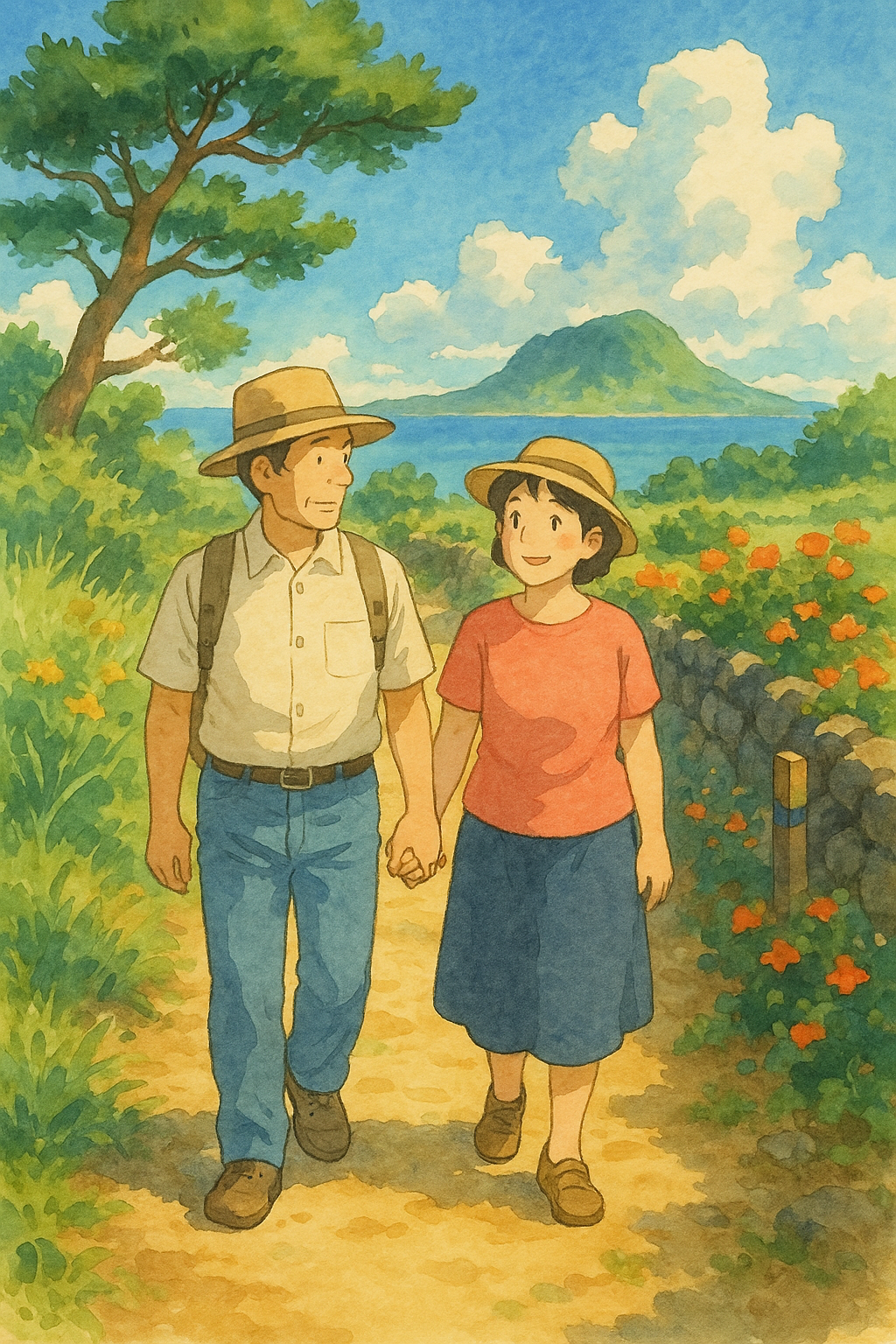제주도 올레길을 걷는 중년 부부의 모습, 따뜻한 여름 오후, 지브리 스타일, 수채화 느낌