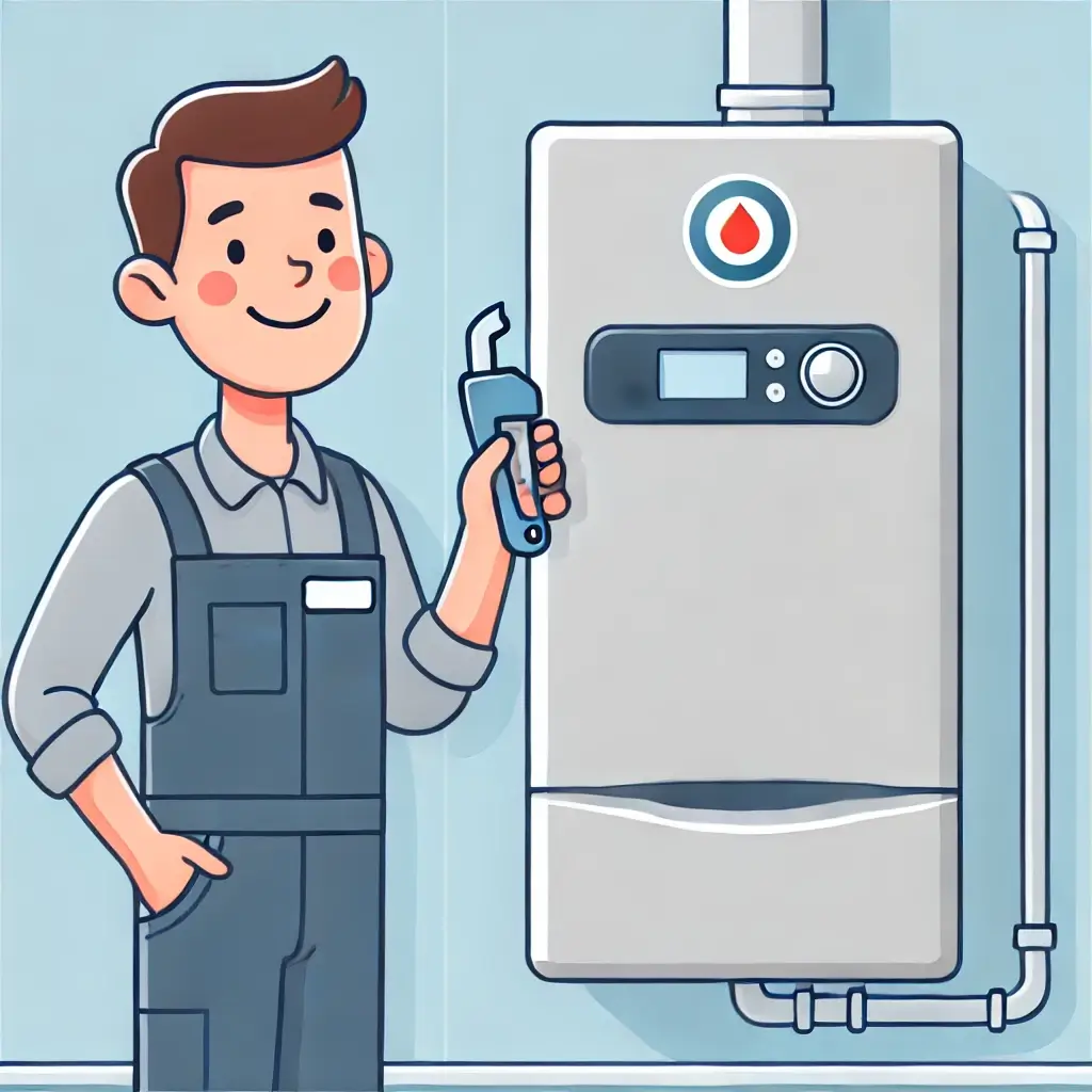 전문 기술자가 가정용 가스 보일러를 점검하고 청소하는 모습