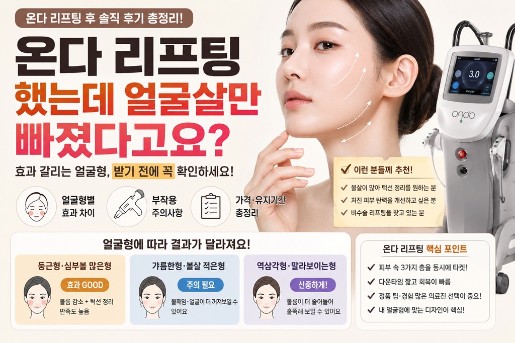 온다 리프팅 후 얼굴살이 빠져 보이는 이유와 얼굴형별 효과 차이를 설명하는 피부 리프팅 인포그래픽