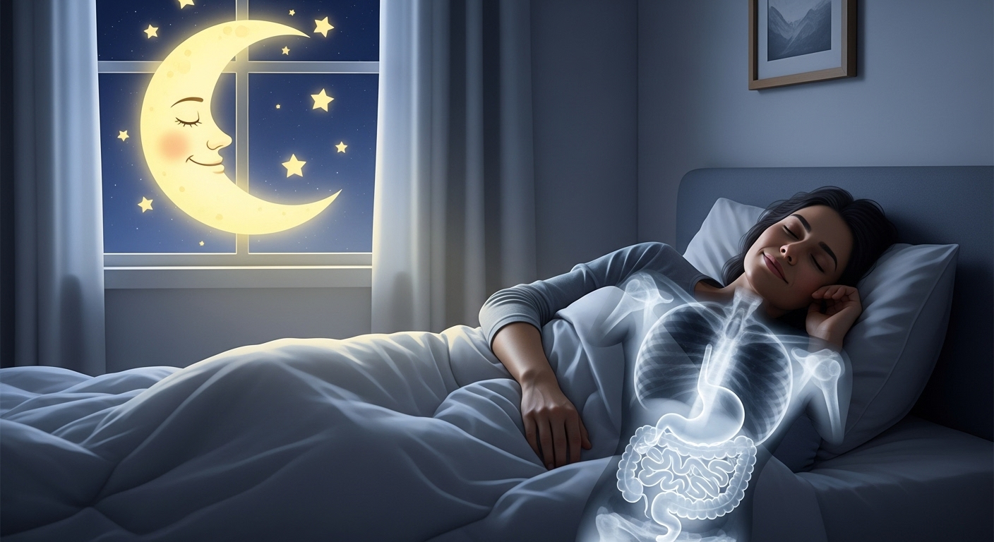 텅 빈 위장(편안함) 상태로 침대에서 세상 모르고 꿀잠 자며 미소 짓는 사람의 모습