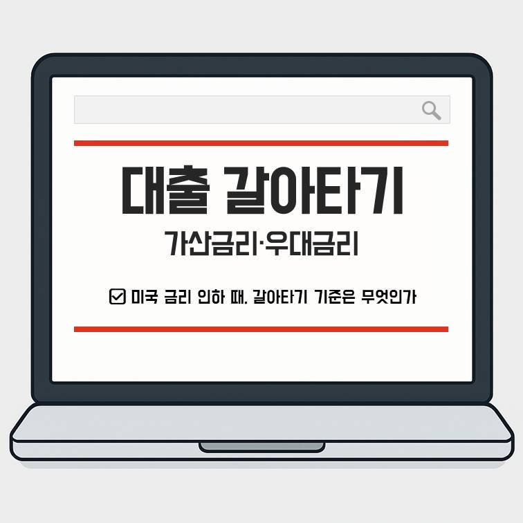 미국 금리 인하 때 대출 갈아타기 판단 기준과 은행별 가산금리&middot;우대금리 구조를 설명하는 대표 썸네일 이미지