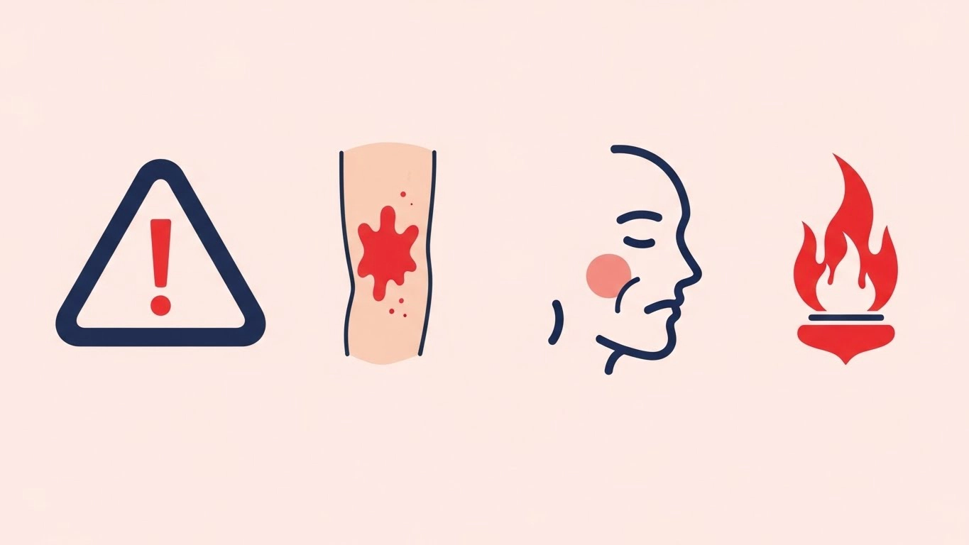 써마지 부작용 위험(화상&middot;비대칭 등)을 경고 아이콘으로 표현한 이미지