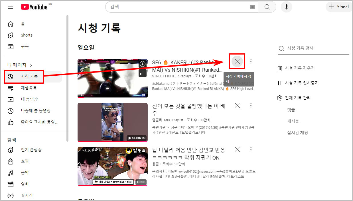 pc 유튜브 시청 기록 개별 삭제