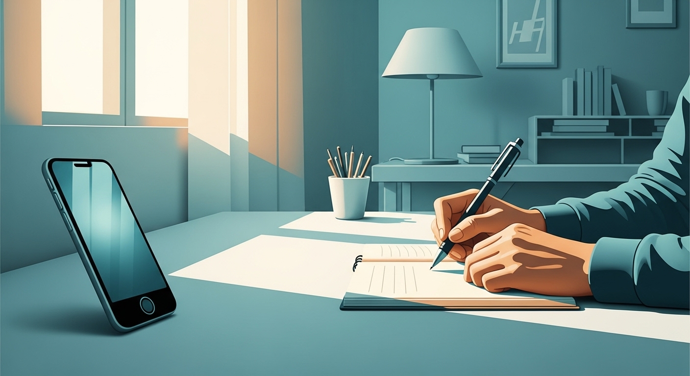한 사람이 책상에 앉아 펜으로 노트에 글을 쓰고 있다. 스마트폰은 옆에 놓여 있으며, 차분한 틸과 라이트 그레이 톤이 강조된다