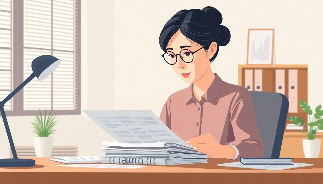 안경 쓴 여성이 책상에 앉아 서류를 읽고 있다.