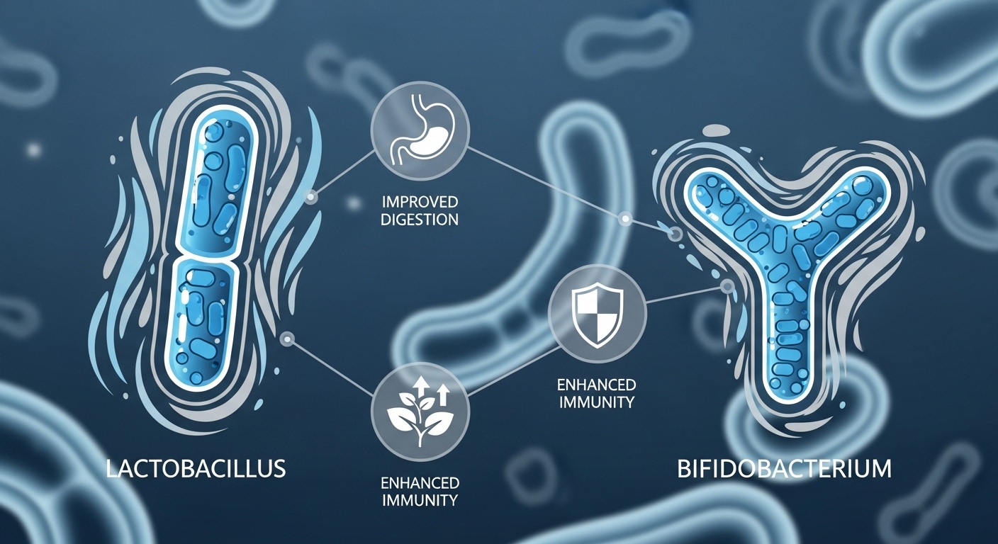 락토바실러스, 비피도박테리움 등 주요 프로바이오틱스 균주와 소화, 면역 증진 효능을 나타내는 인포그래픽.