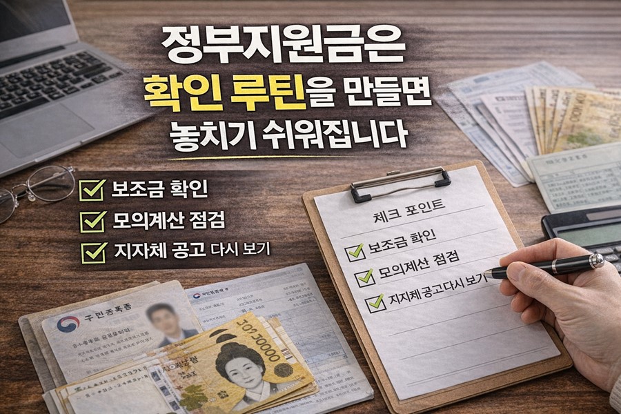 정부지원금을 놓치지 않기 위해 보조금 확인, 모의계산, 지자체 공고 점검 루틴을 함께 보여주는 2026 체크리스트 이미지