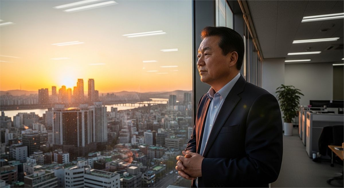 사무실 창가에서 정년과 연금 시기를 생각하는 공무원의 뒷모습