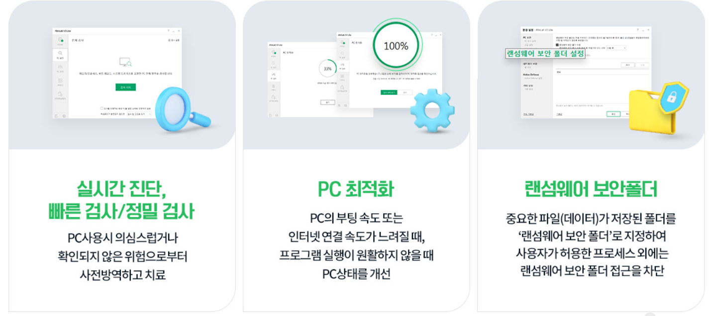 V3 기능 설명 : 실시간진단, PC 최적화, 랜섬웨어 보안폴더