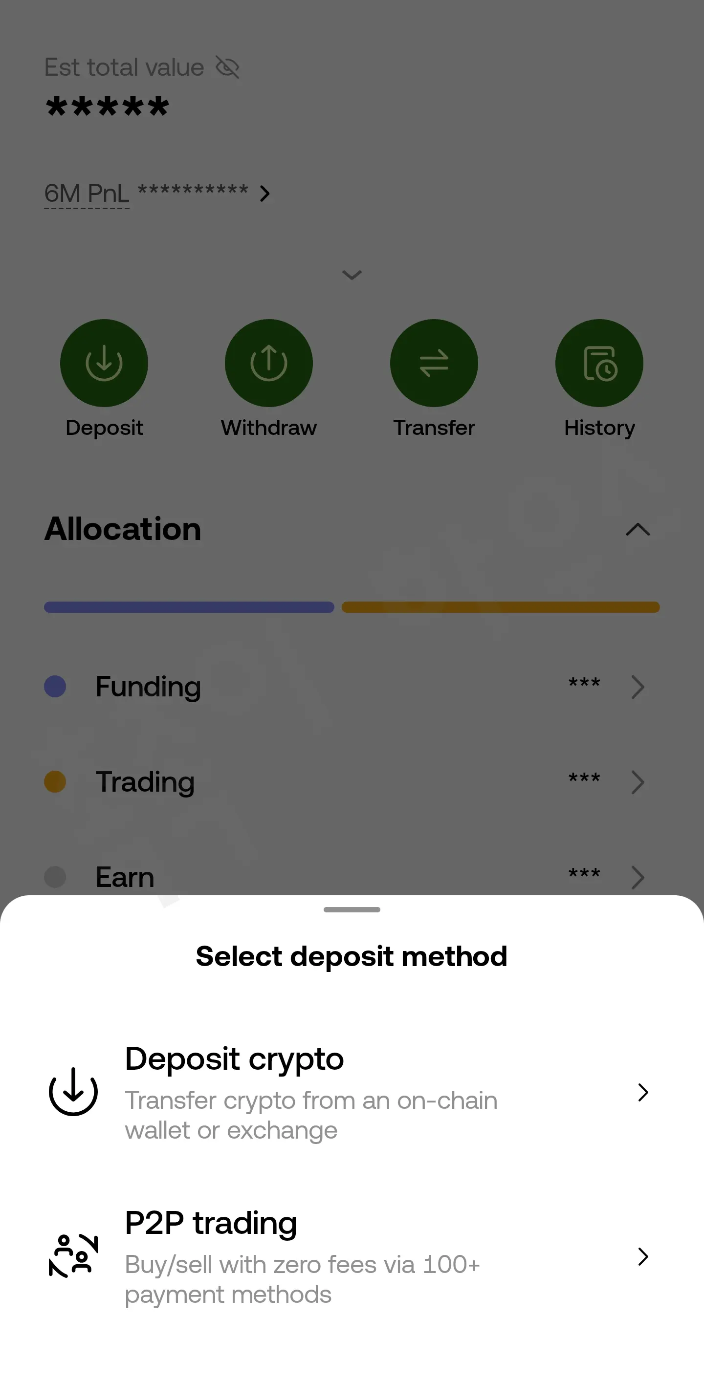 OKX 입금 방식에서 Deposit crypto 항목 선택하는 모습