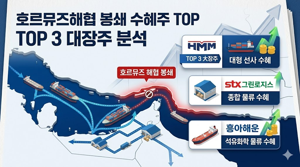 호르무즈 해협의 전략적 위치를 보여주는 중동 지도 인포그래픽과 선박 이동 경로를 강조한 전문적인 리포트 스타일.