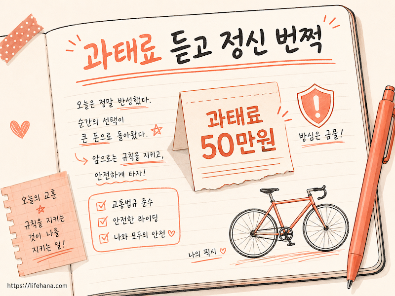 : 스마트폰 법령 앱 화면을 통해 개정 자전거법의 위반 항목과 과태료 기준 요율을 대조하는 모습 일러스트