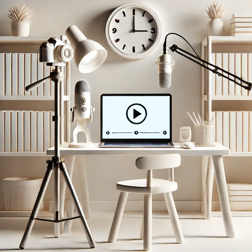 라인 강의 제작 세팅, 노트북, 마이크, 삼각대 카메라가 배치된 깔끔한 책상.