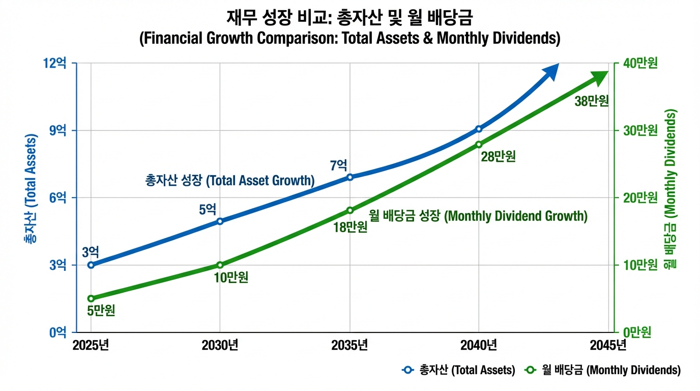 왼쪽에는 총자산 눈금을, 오른쪽에는 월 배당금 눈금을 배치하여 두 그래프가 모두 잘 보이게 만든 이중 축(Dual Axis) 디자인
