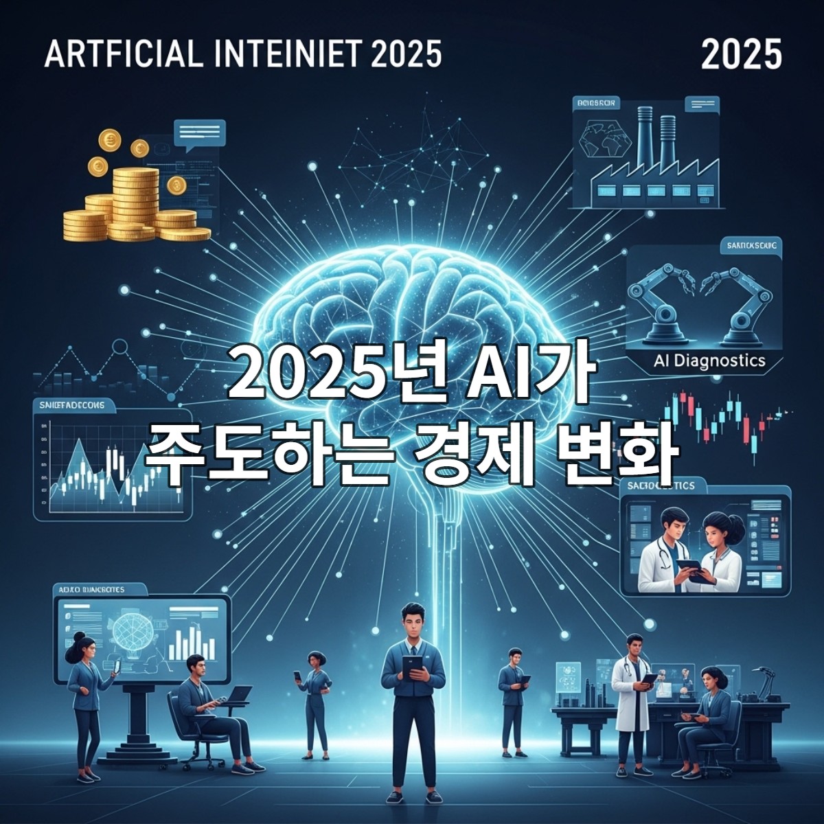2025년 AI가 주도하는 경제 변화와 투자 기회를 상징하는 이미지: 빛나는 AI 두뇌와 연결된 금융, 헬스케어, 스마트 팩토리 산업.