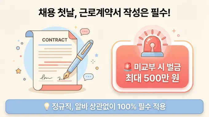 직원 1명 채용 시 가장 먼저 챙겨야 할 필수 항목인 근로계약서 작성 안내 이미지입니다. 정규직, 아르바이트 등 고용 형태와 상관없이 채용 첫날 100% 필수로 작성 및 교부해야 함을 강조하고 있습니다. 근로계약서 미교부 시 최대 500만 원의 벌금이 부과될 수 있다는 경고 문구와 함께 사이렌 아이콘, 계약서 일러스트가 포함되어 초보 사장님의 주의를 환기합니다.