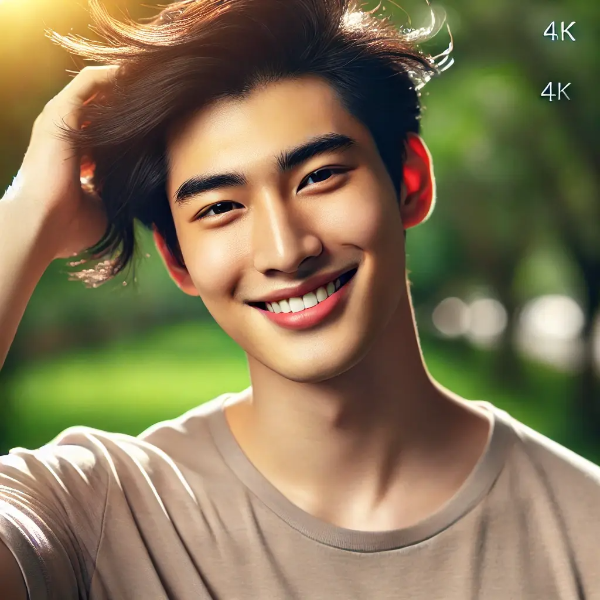 햇살 아래 건강한 머릿결을 쓸어 넘기며 미소 짓는 동양인 남성