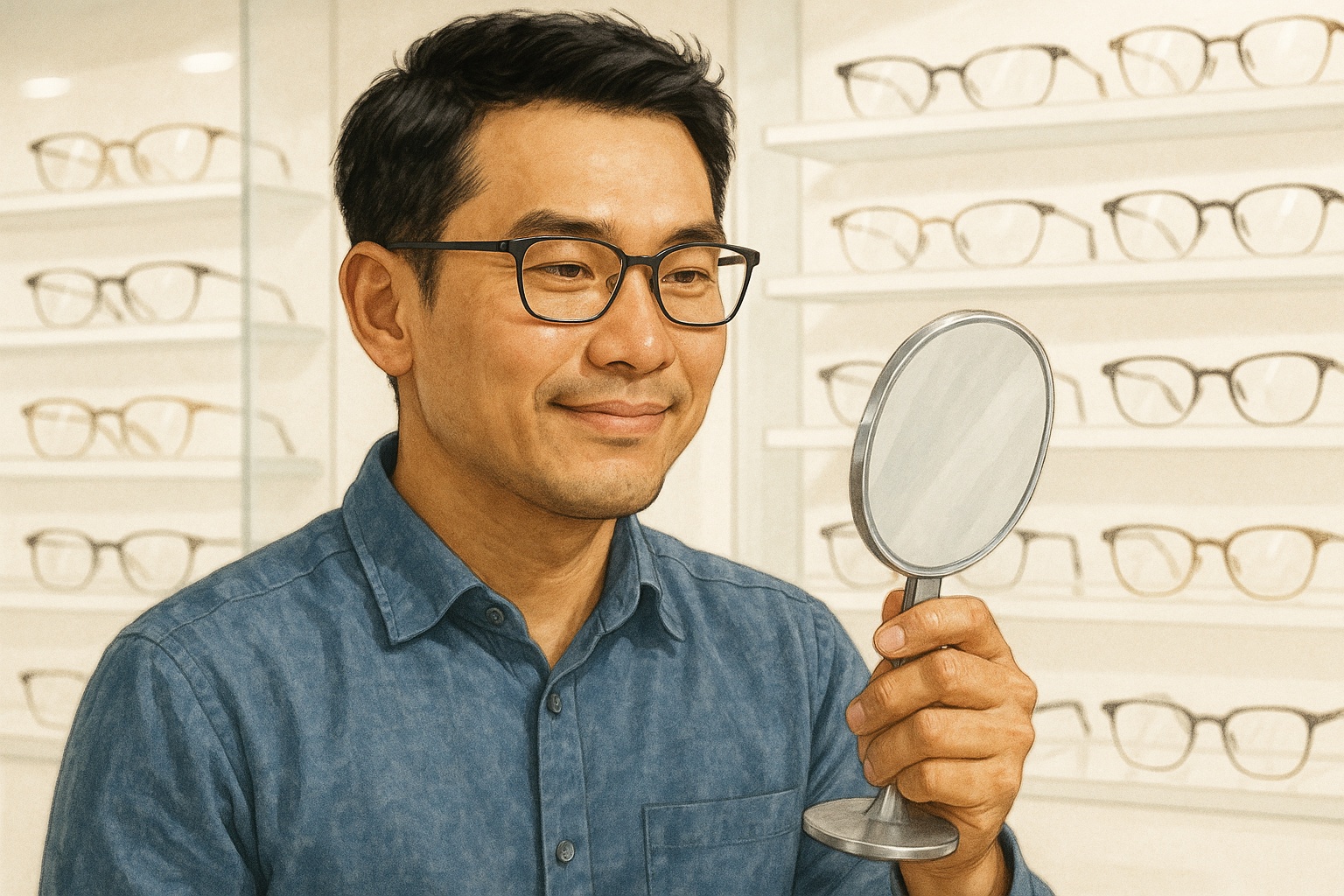 안경점에서 안경을 써보고 흡족해 하는 남성 일러스트