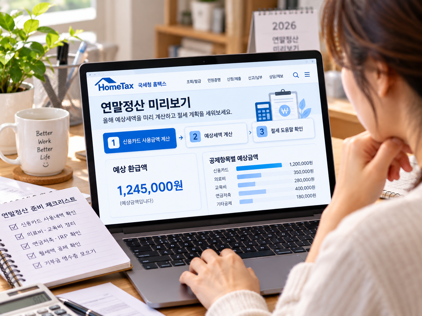 노트북으로 홈택스 연말정산 미리보기를 확인하는 직장인의 이미지