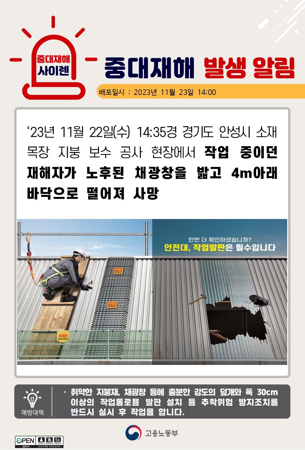 목장 지붕 보수공사 중 채광창을 밟고 떨어짐(4m)