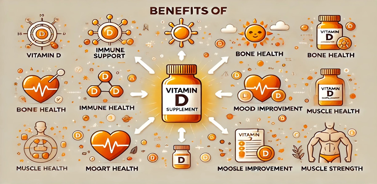 비타민D의 주요 효능: 면역력 강화, 뼈 건강, 기분 개선, 심혈관 건강, 근육 기능 향상을 나타낸 인포그래픽