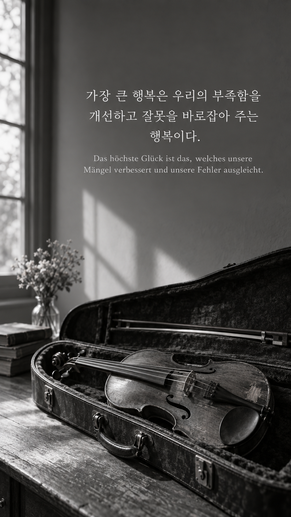 독일어 명언 14 괴테 가장 큰 행복은 우리의 부족함을 개선하고 잘못을 바로잡아 주는 행복이다. — 열린 케이스 속 수선한 바이올린