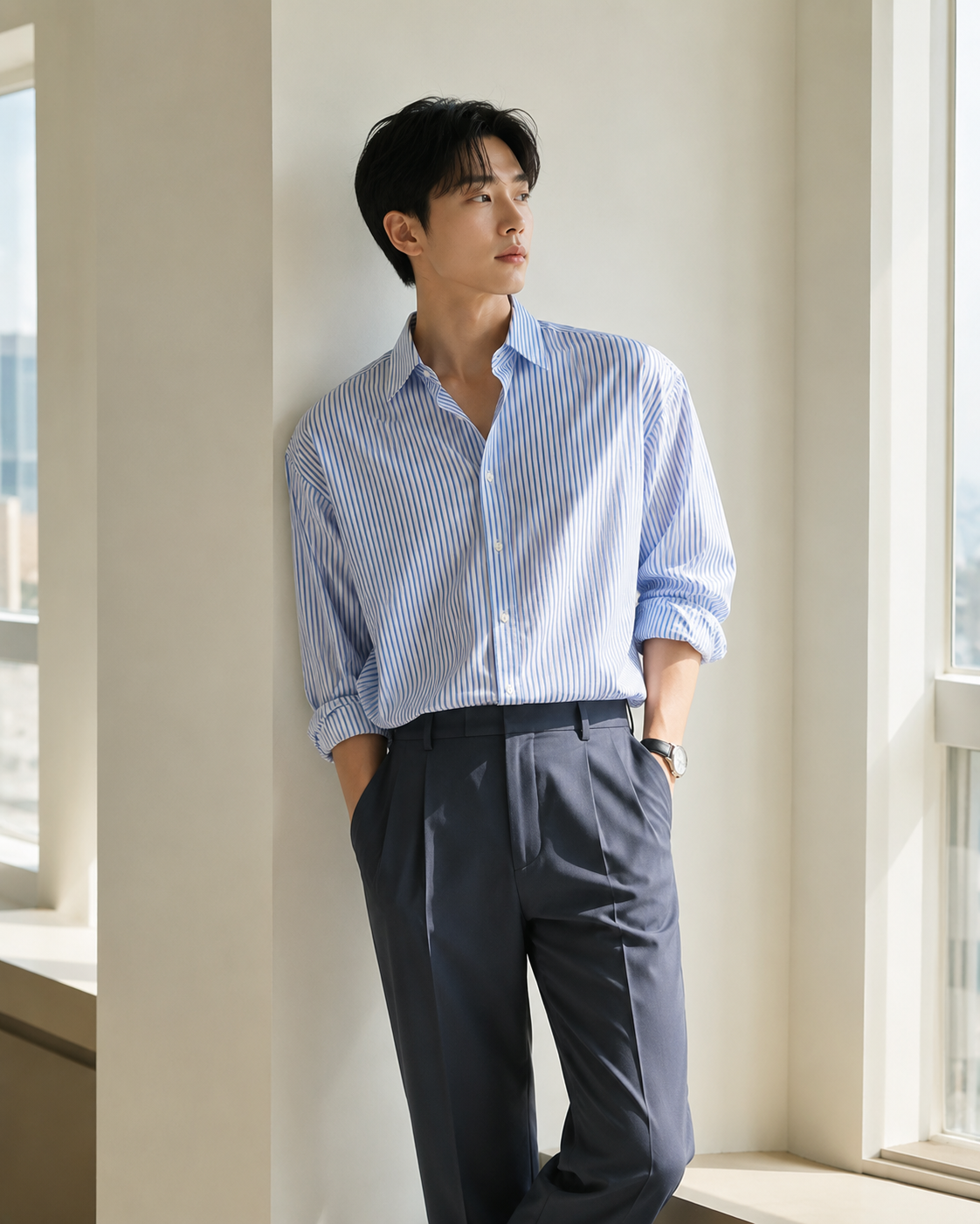 여름에도 멋스럽게, [오버사이즈 셔츠룩]으로 완성하는 감각적인 스타일처럼 색과 아이템을 연결해 전체 착장을 정돈한 코디입니다.