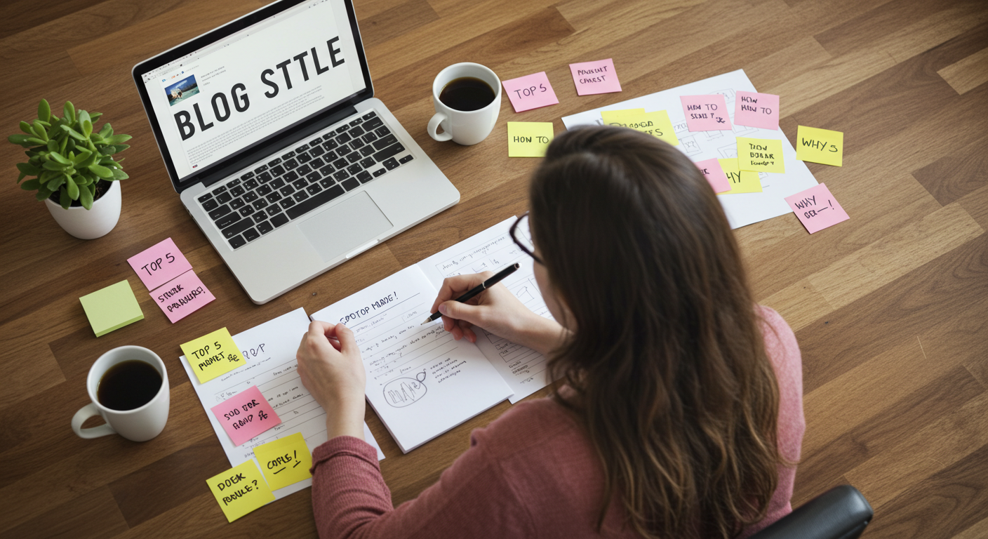 블로그 제목을 고민하며 다양한 유형의 제목 포스트잇을 붙여놓은 블로거의 책상