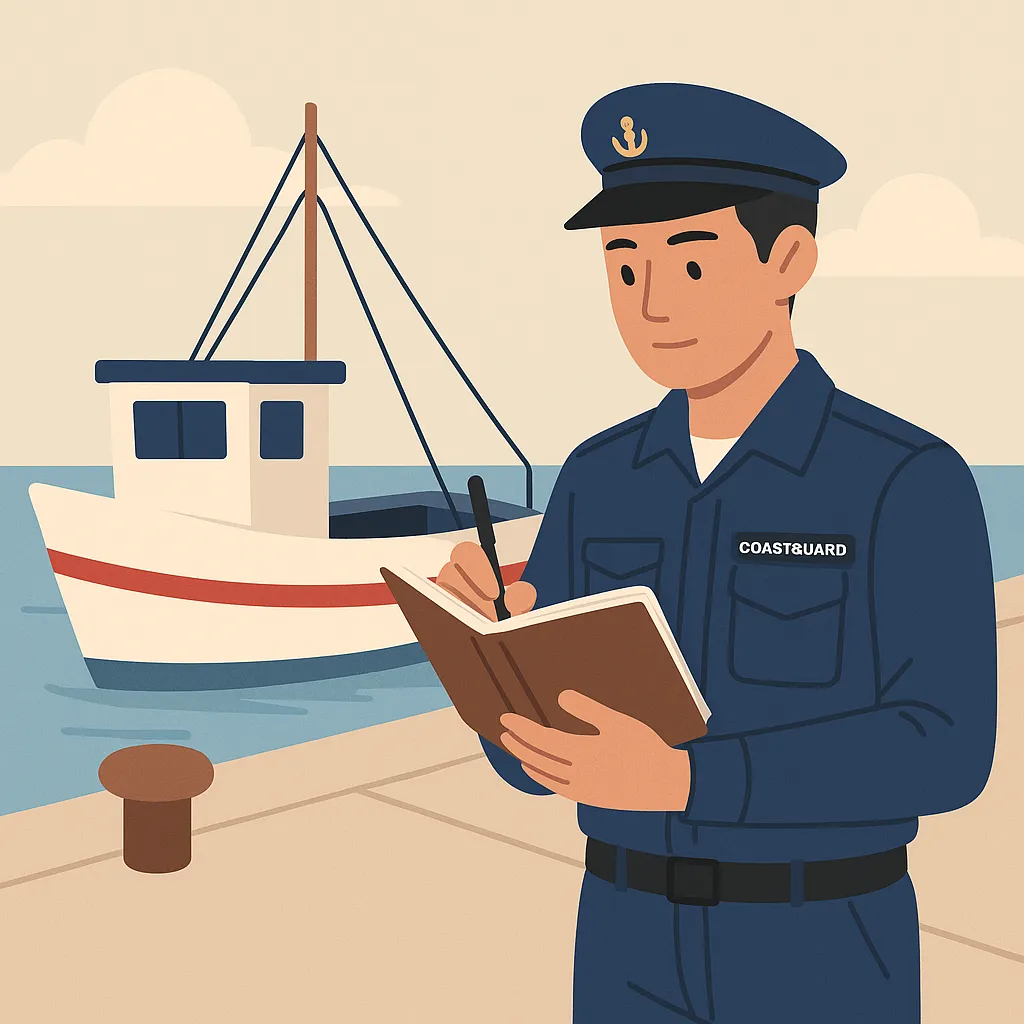 선착장에서 어선 기록을 확인하는 해양경비대원