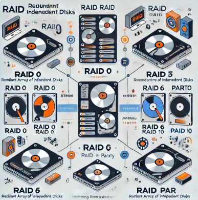 RAID 레벨(0, 1, 5, 6, 10)의 기능이 간단한 다이어그램