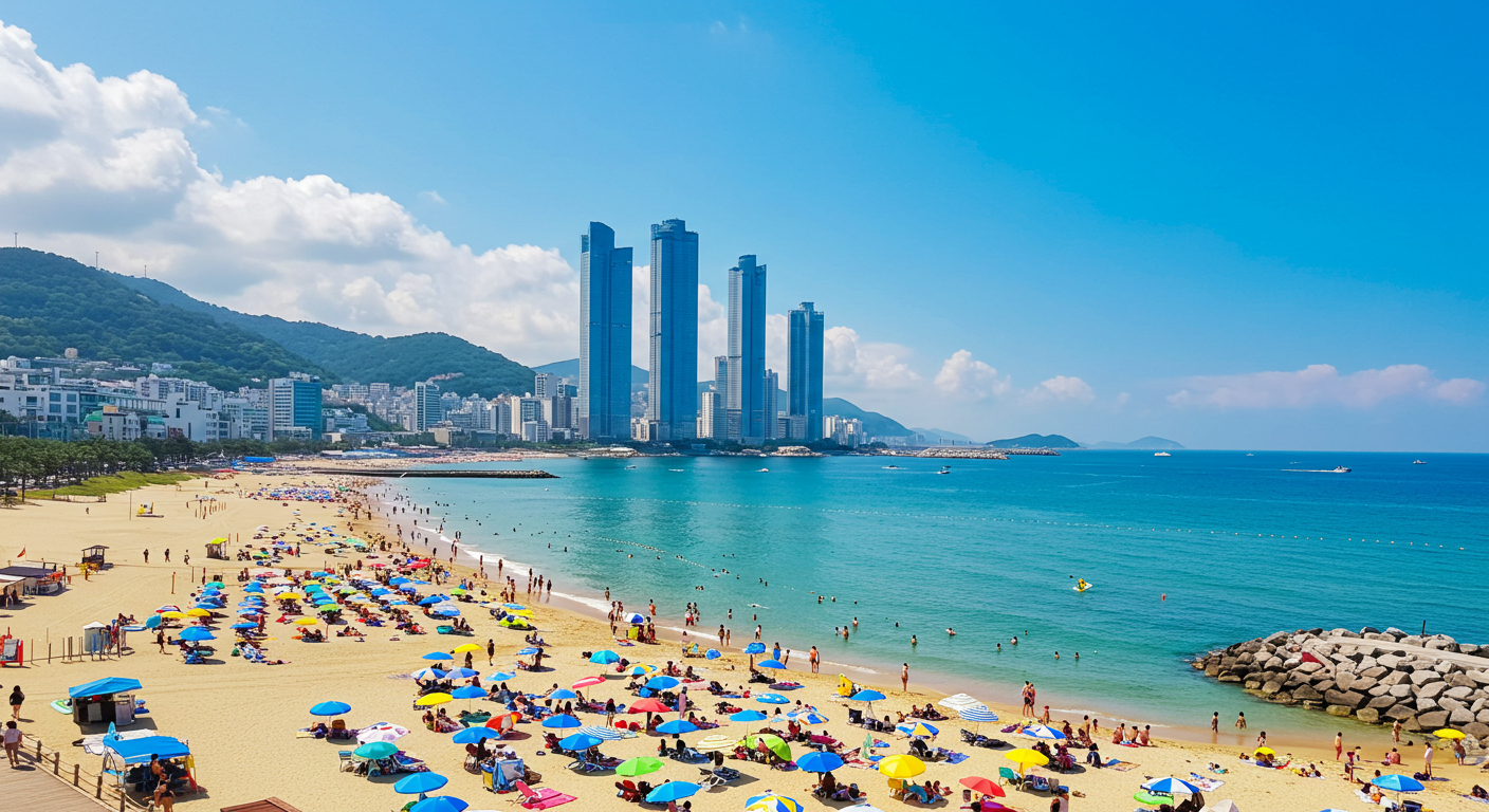 여름날 수많은 파라솔이 펼쳐져 있는 부산 해운대 해수욕장 전경