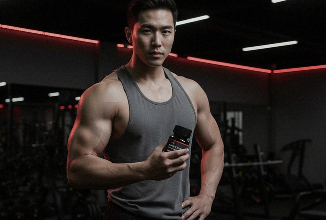 Korean Asian man in 30s looking at supplement bottle on weekend morning