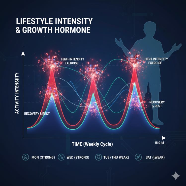 생활의 강약을 보여주는 그래프 인포그래픽. 가로축은 시간(주간 단위), 세로축은 활동 강도. 산 모양의 곡선이 반복되며 강한 자극(고강도 운동, 빨간색 피크)과 약한 회복(휴식, 파란색 골짜기)이 교대로 나타남. 각 피크에서 성장호르몬 분자가 폭발하듯 튀어나오는 모습. 하단에는 월·수·금(强)과 화·목·토·일(弱) 일정 표시. 활기찬 노인 실루엣이 배경에 배치. 역동적이면서도 과학적인 느낌의 블루-레드-그린 컬러 조합