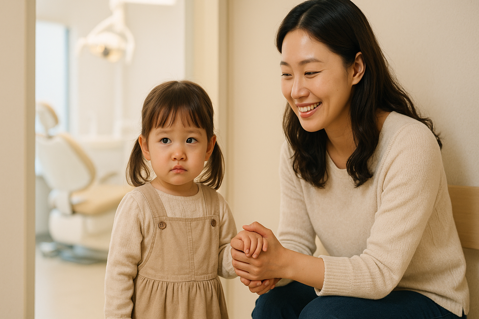 치과 진료 대기중인 아기와 보호자