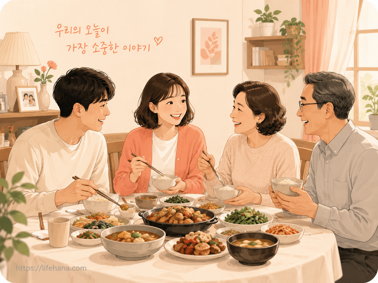 K-드라마의 한 장면으로, 가족들이 함께 식탁에 앉아 따뜻한 대화를 나누는 모습