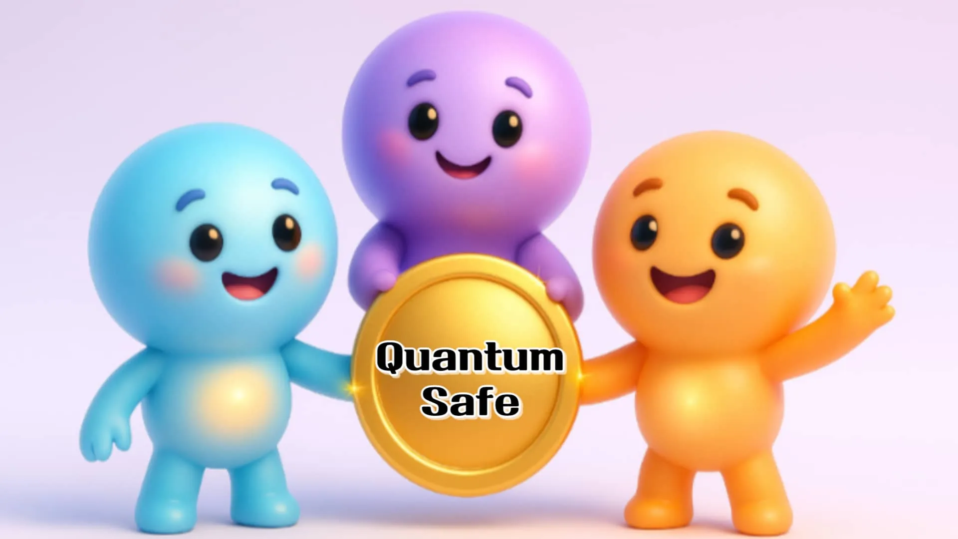‘Quantum Safe’라는 문구가 포함된 대표 이미지. 세 개의 광자 캐릭터(스카이블루·라일락·라이트오렌지)가 금색 방패를 함께 들어 협력과 보호를 상징하며, 2025 양자 보안 프로젝트의 핵심 메시지를 시각적으로 전달함 (quantum safe, PQC, QKD, collaboration).