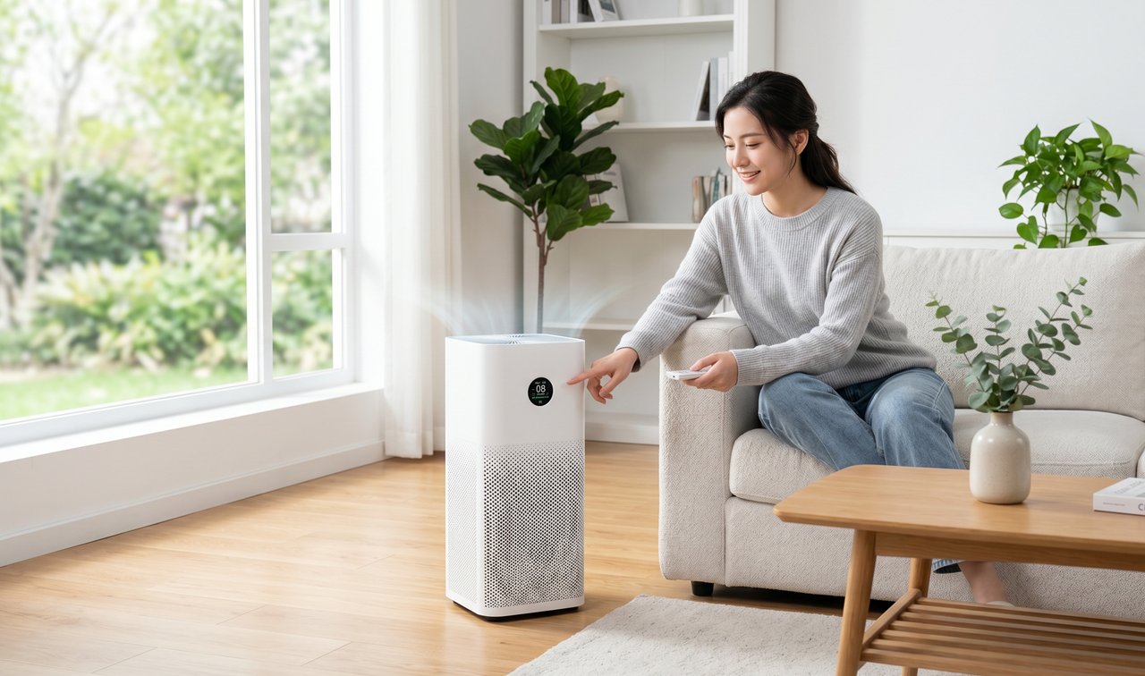 깨끗한 실내 환경을 위해 공기청정기를 사용하는 모습과 꽃가루 차단 팁