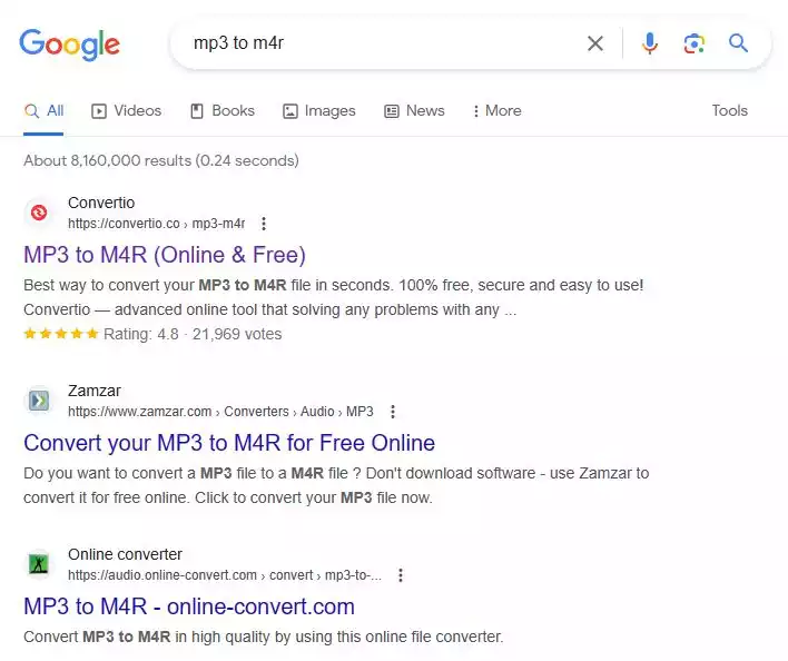 mp3 to m4r 구글링 결과 화면