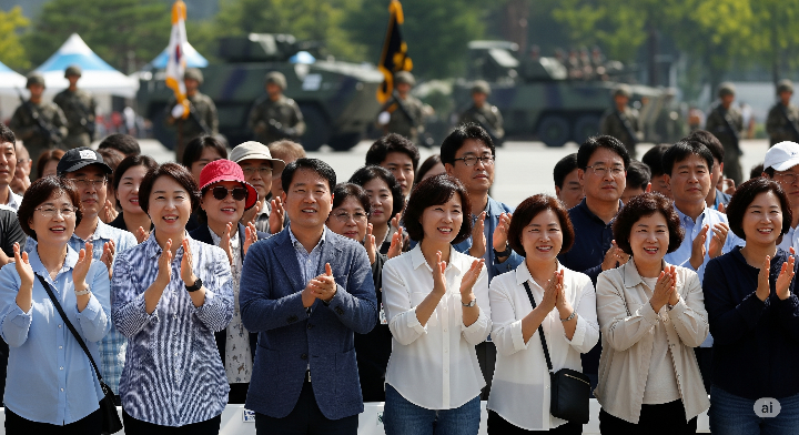 군의 날 기념식에서 환하게 웃으며 박수치는 시민들의 모습, 국군 장병에게 보내는 감사와 지지를 상징함.