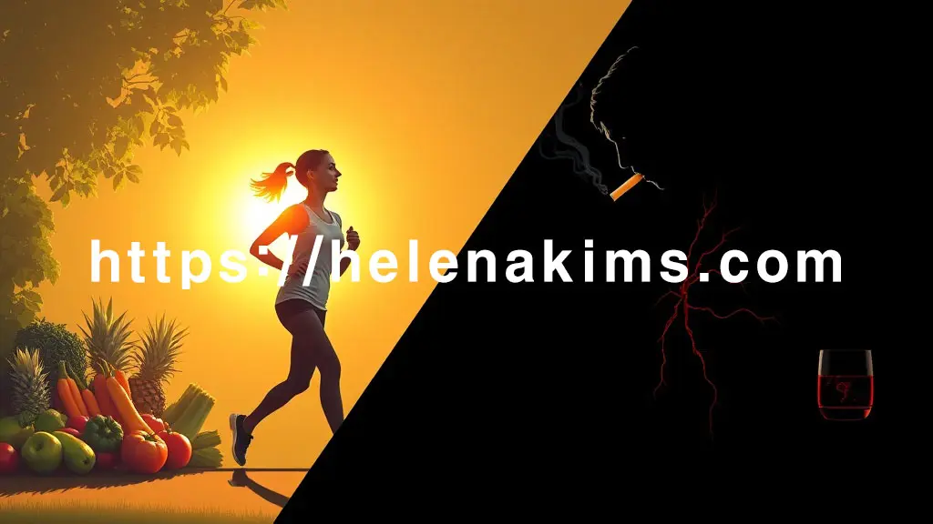 왼쪽: 햇살 속 조깅하는 중년 여성 실루엣. 주변엔 신선한 채소와 과일, 몸속엔 밝게 빛나는 건강한 혈관. 오른쪽: 어두운 배경, 담배와 술잔, 스트레스 받은 남성 이미지.