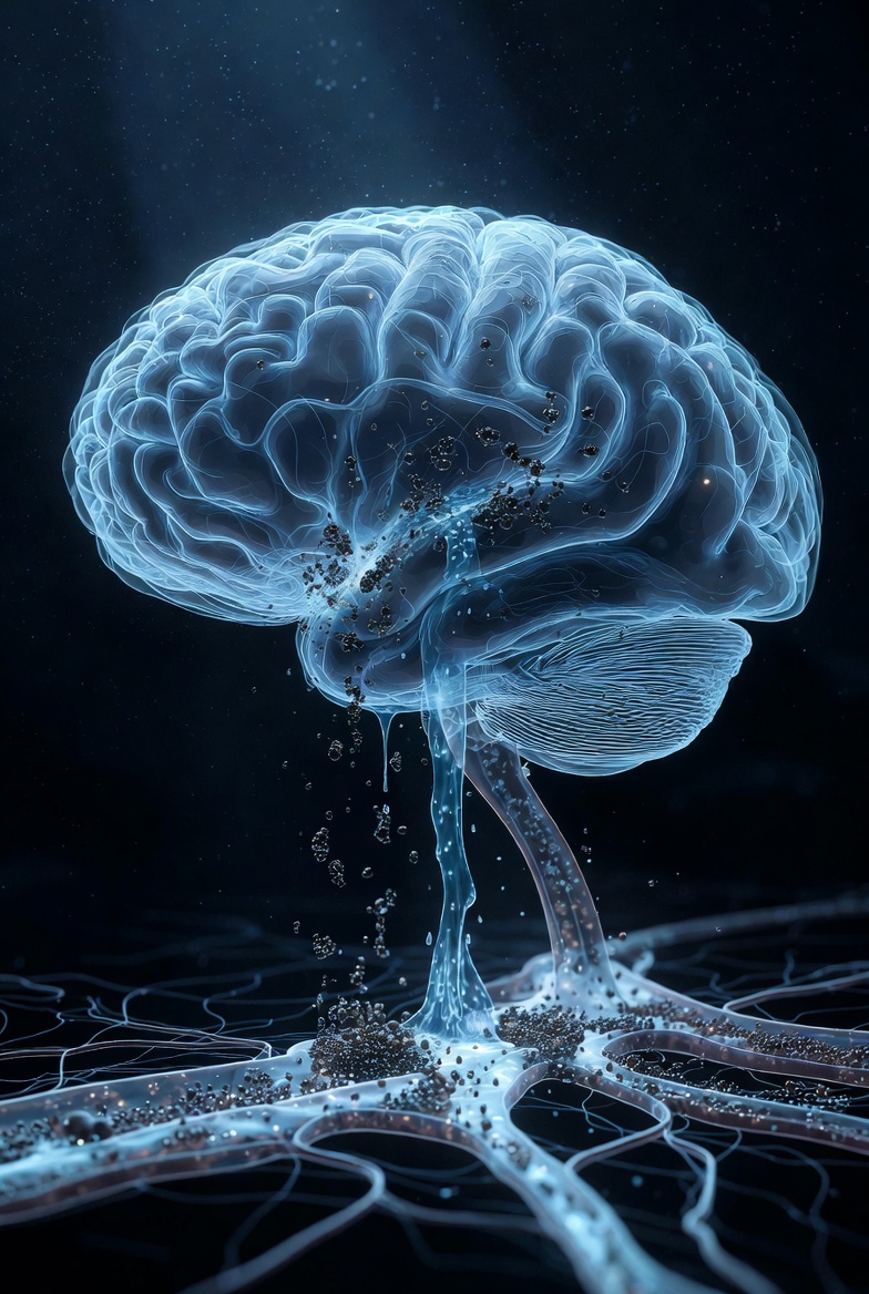 투명한 뇌 모형 내부의 미세한 독성 노폐물(베타아밀로이드)이 맑은 뇌척수액의 파도를 타고 하단으로 씻겨 내려가며 정화되는 과정을 시각화한 이미지
