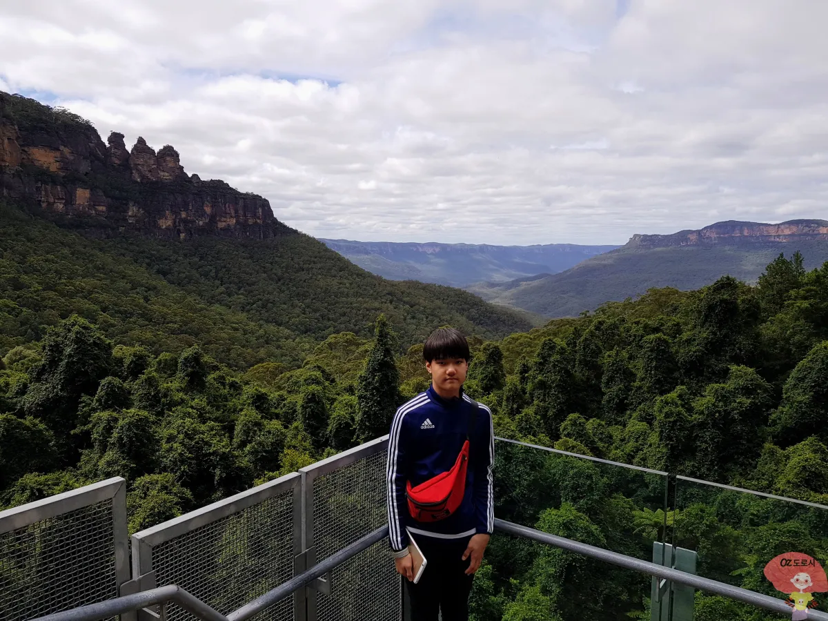 호주-시드니-근교여행-블루마운틴-국립공원-시닉월드-궤도열차-타고-내려와-이동중-조카은우-뒷편으로-작게-보이는-세자매봉