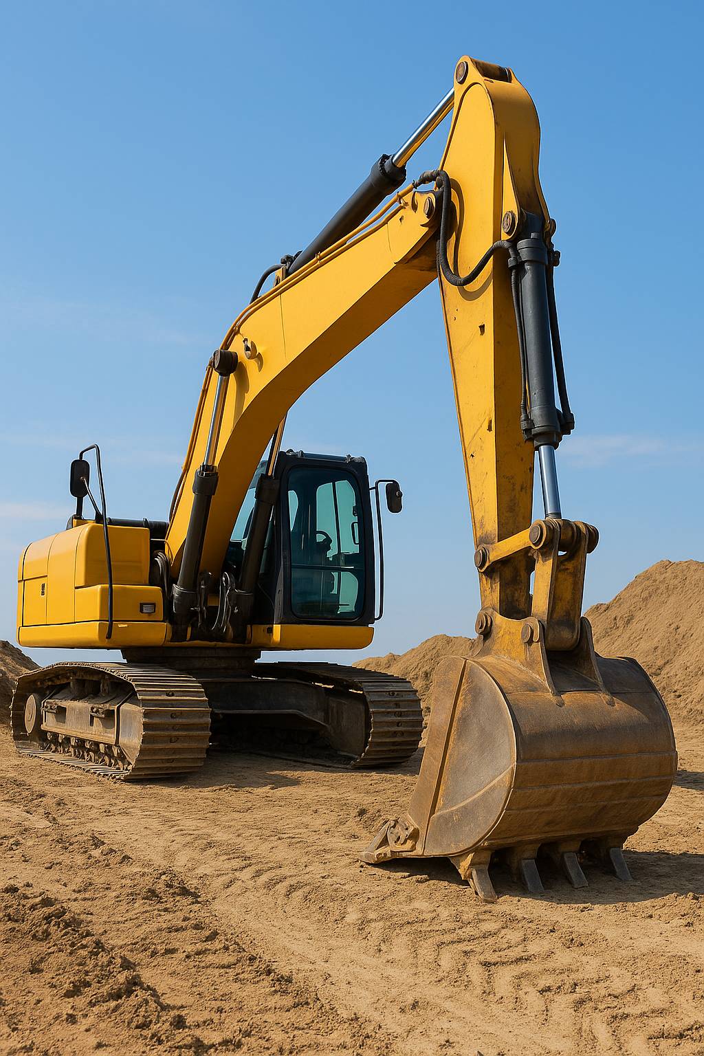 밝은 날씨 아래 모래 위에 서 있는 굴삭기 단독 이미지, 건설기계 면허 상징